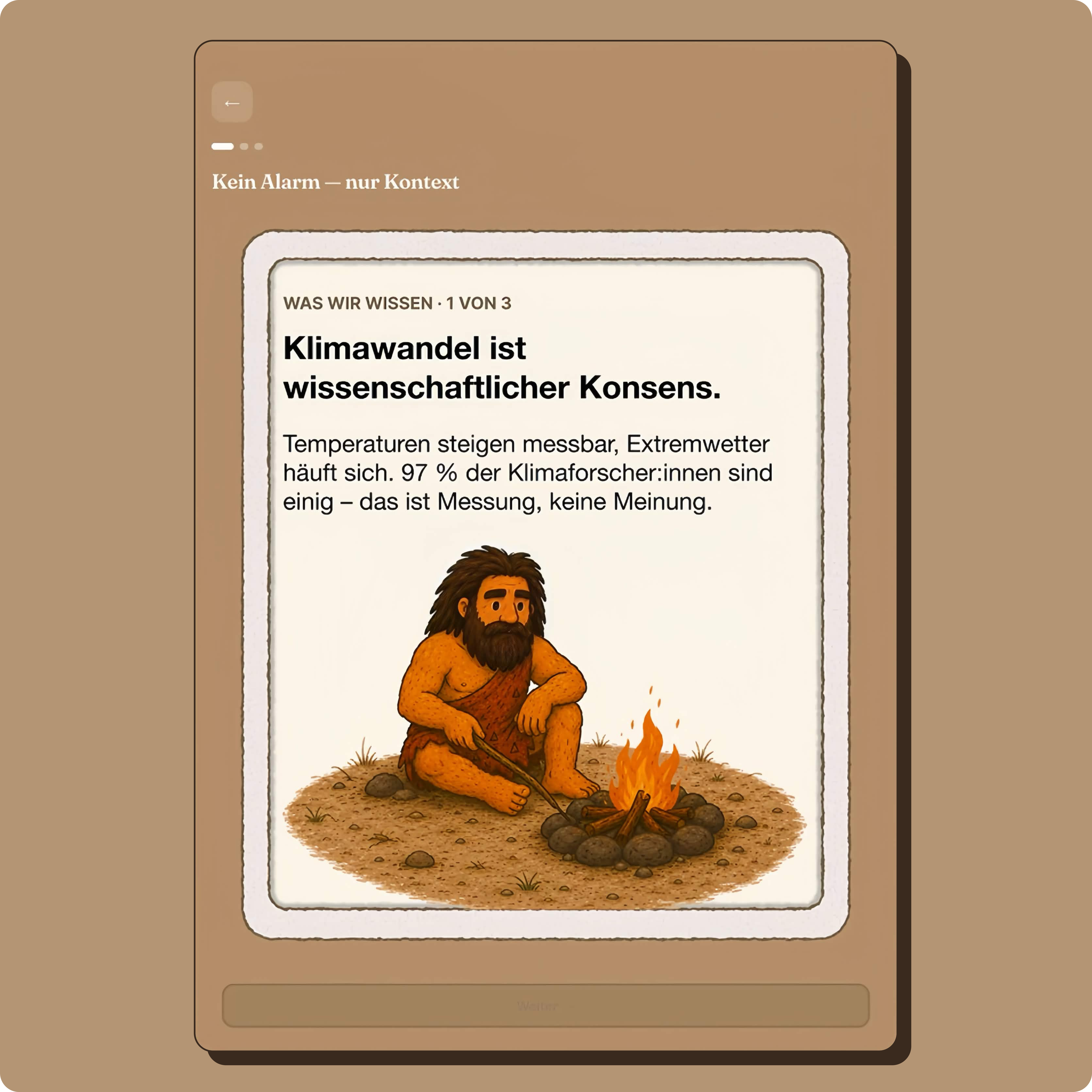 Screen wo Neandertaler am Feuer sitzt und erläutert die heutige Situation.